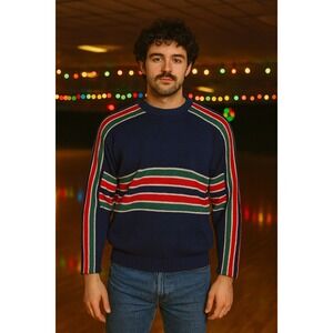 Vintage Campus Red Green‎ White Striped Sweater Mens Acrylic Knit